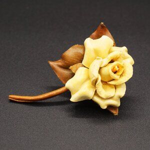 Vintage Leather Western White Yellow Rose Brooch Long Stem W/ Leaves